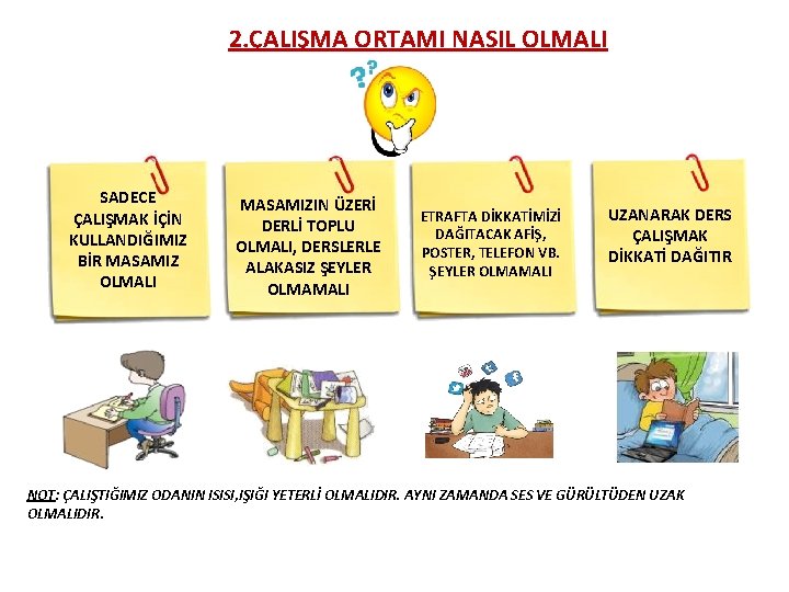 2. ÇALIŞMA ORTAMI NASIL OLMALI SADECE ÇALIŞMAK İÇİN KULLANDIĞIMIZ BİR MASAMIZ OLMALI MASAMIZIN ÜZERİ