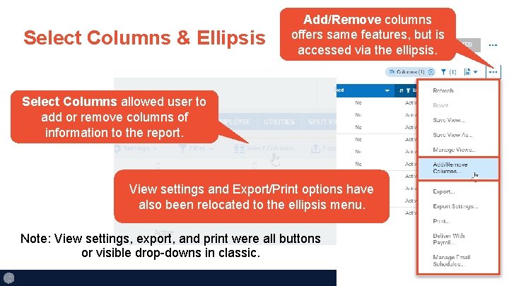 Select Columns & Ellipsis Add/Remove columns offers same features, but is accessed via the