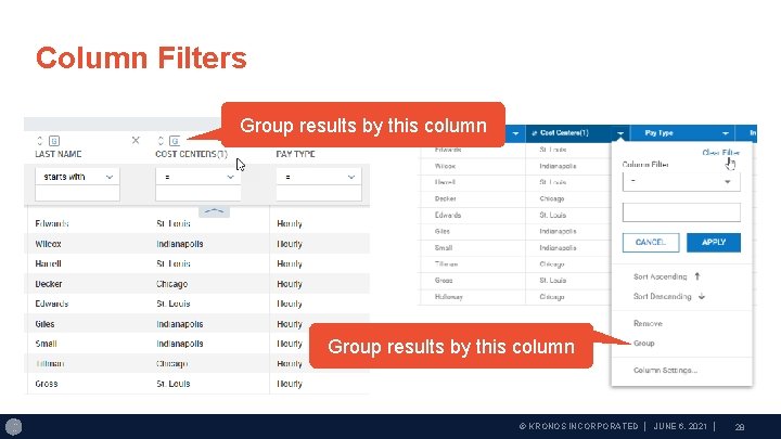 Column Filters Group results by this column © KRONOS INCORPORATED │ JUNE 6, 2021