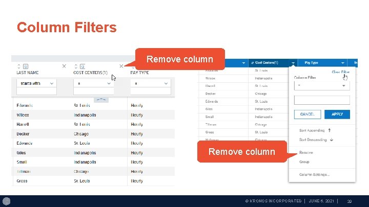 Column Filters Remove column © KRONOS INCORPORATED │ JUNE 6, 2021 │ 29 