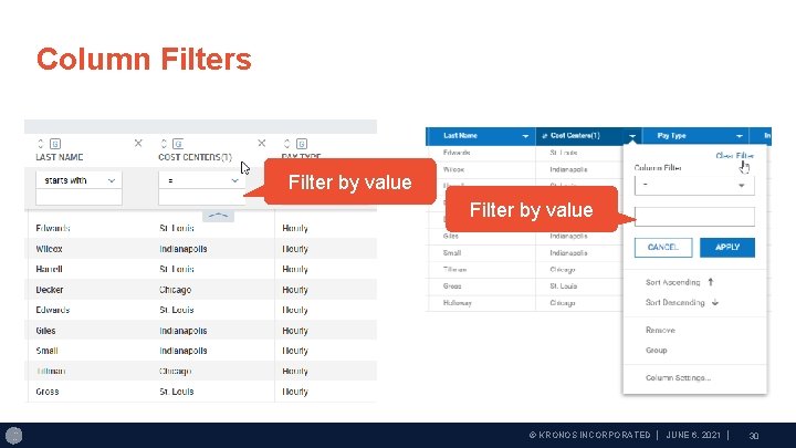 Column Filters Filter by value © KRONOS INCORPORATED │ JUNE 6, 2021 │ 30