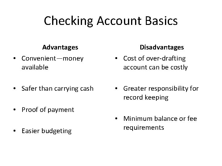 Checking Account Basics Advantages Disadvantages • Convenient—money available • Cost of over-drafting account can