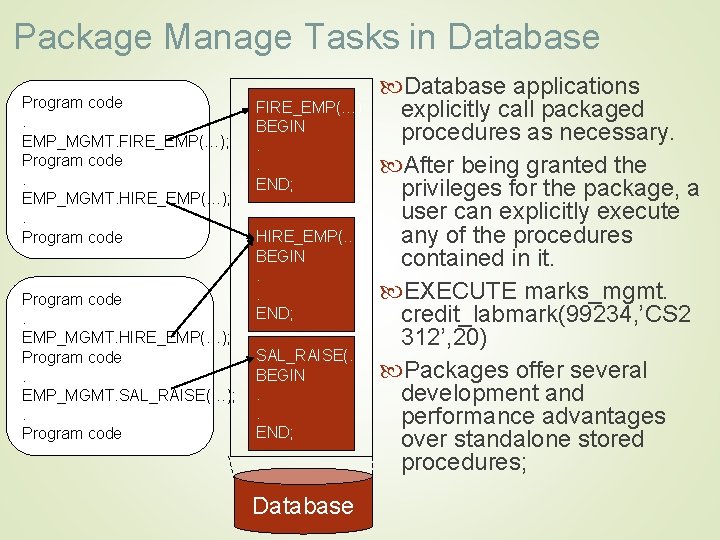 Package Manage Tasks in Database Program code. EMP_MGMT. FIRE_EMP(…); Program code. EMP_MGMT. HIRE_EMP(…); Program