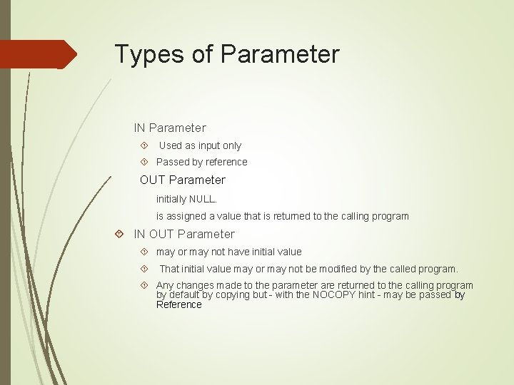 Types of Parameter IN Parameter Used as input only Passed by reference OUT Parameter