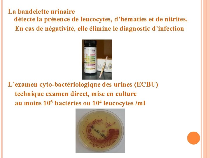 La bandelette urinaire détecte la présence de leucocytes, d’hématies et de nitrites. En cas