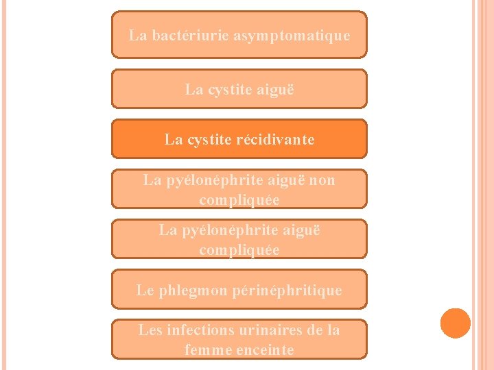 La bactériurie asymptomatique La cystite aiguë La cystite récidivante La pyélonéphrite aiguë non compliquée