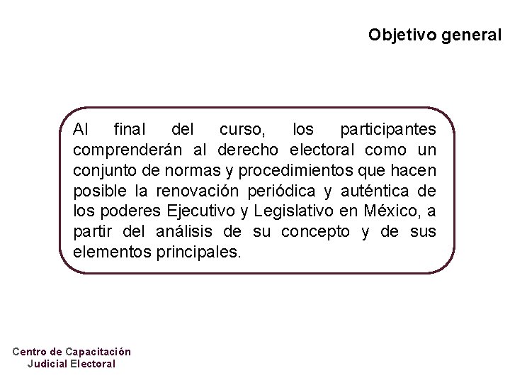 Objetivo general Al final del curso, los participantes comprenderán al derecho electoral como un