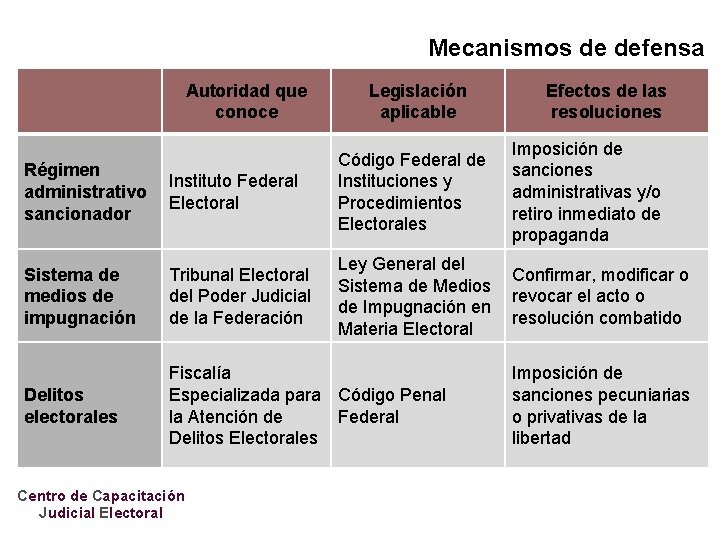 Mecanismos de defensa Autoridad que conoce Legislación aplicable Régimen administrativo sancionador Instituto Federal Electoral