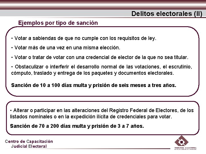Delitos electorales (II) Ejemplos por tipo de sanción • Votar a sabiendas de que