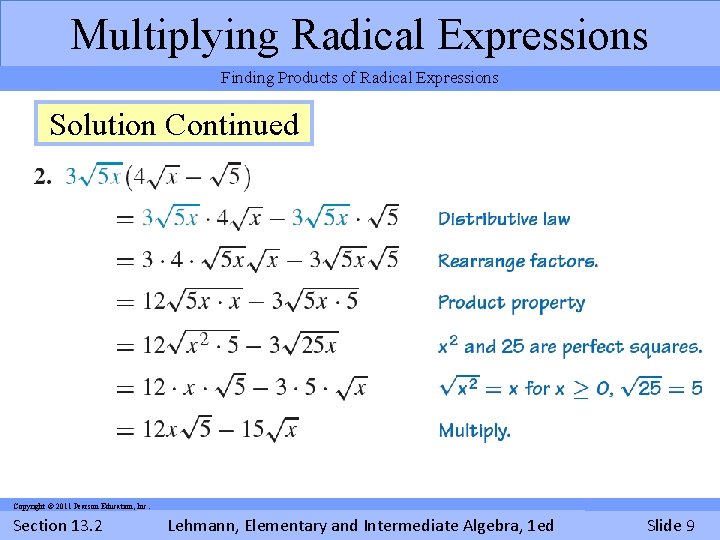 Multiplying Radical Expressions Finding Products of Radical Expressions Solution Example Continued Copyright © 2011