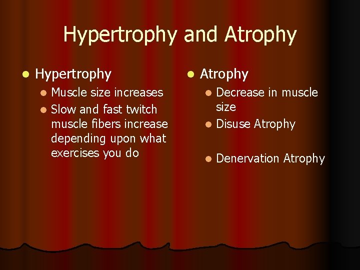 Hypertrophy and Atrophy l Hypertrophy Muscle size increases l Slow and fast twitch muscle