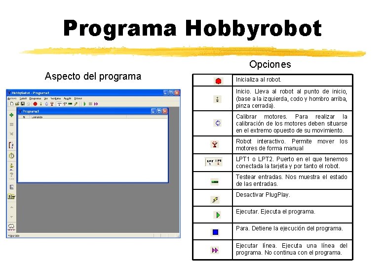 Programa Hobbyrobot Opciones Aspecto del programa Inicializa al robot. Inicio. Lleva al robot al