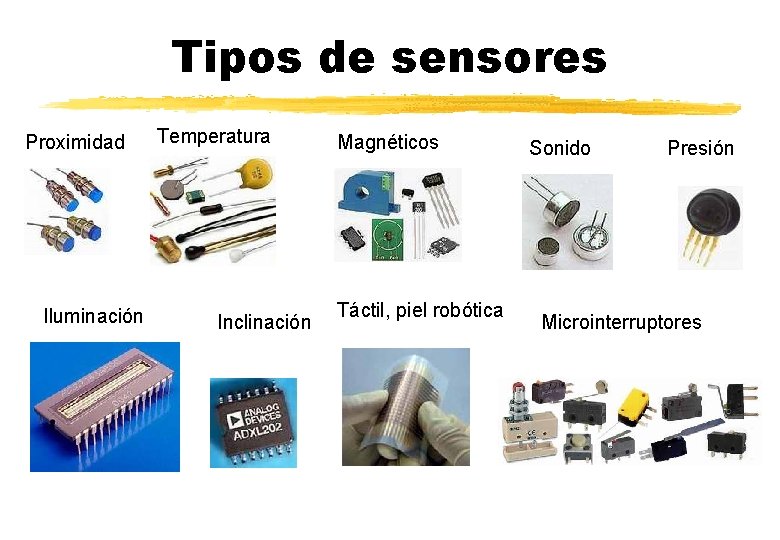 Tipos de sensores Proximidad Iluminación Temperatura Inclinación Magnéticos Táctil, piel robótica Sonido Presión Microinterruptores