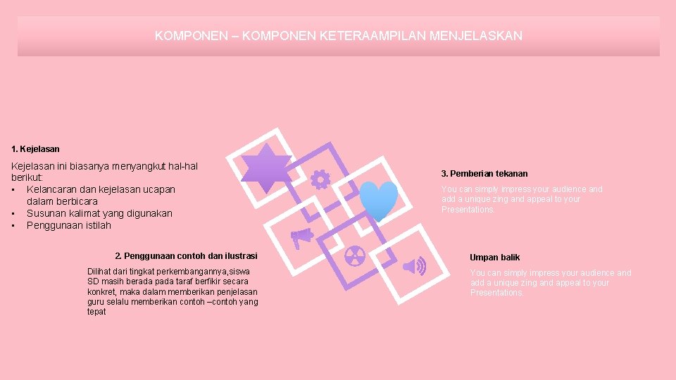 KOMPONEN – KOMPONEN KETERAAMPILAN MENJELASKAN 1. Kejelasan ini biasanya menyangkut hal-hal berikut: • Kelancaran KOMPONEN – KOMPONEN KETERAAMPILAN MENJELASKAN 1. Kejelasan ini biasanya menyangkut hal-hal berikut: • Kelancaran