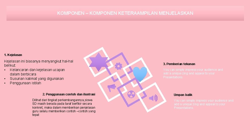 KOMPONEN – KOMPONEN KETERAAMPILAN MENJELASKAN 1. Kejelasan ini biasanya menyangkut hal-hal berikut: • Kelancaran