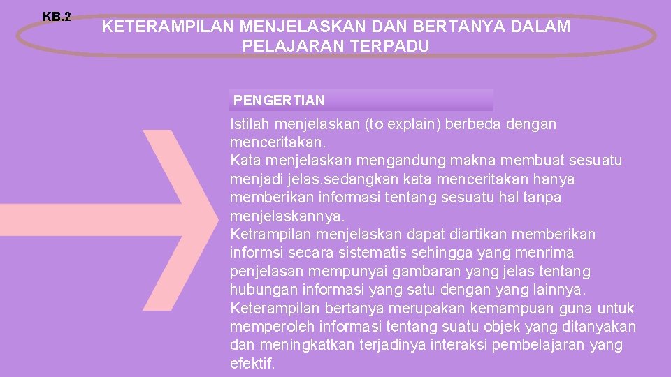 KB. 2 KETERAMPILAN MENJELASKAN DAN BERTANYA DALAM PELAJARAN TERPADU PENGERTIAN Istilah menjelaskan (to explain)