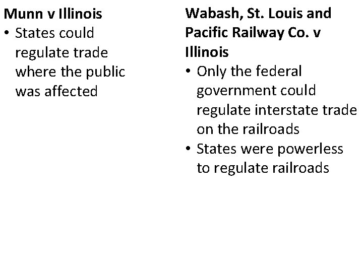 Munn v Illinois • States could regulate trade where the public was affected Wabash,