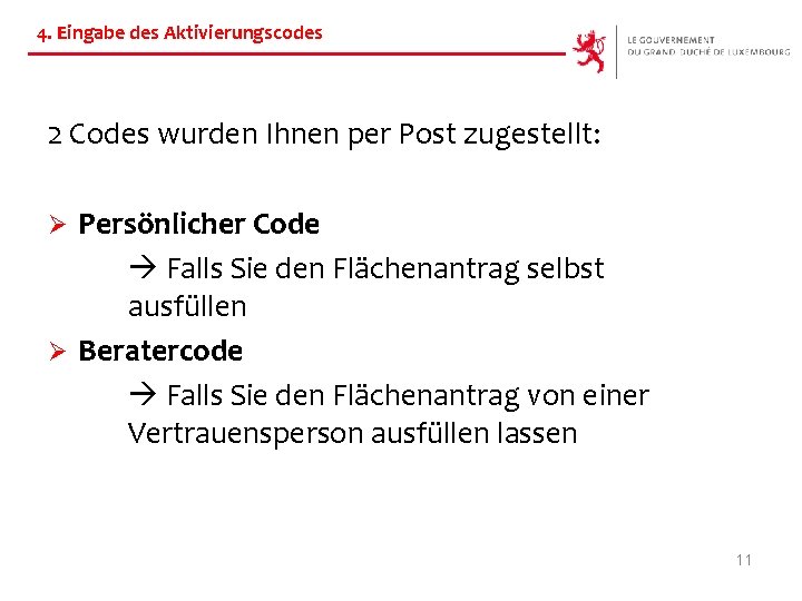 4. Eingabe des Aktivierungscodes 2 Codes wurden Ihnen per Post zugestellt: Persönlicher Code Falls