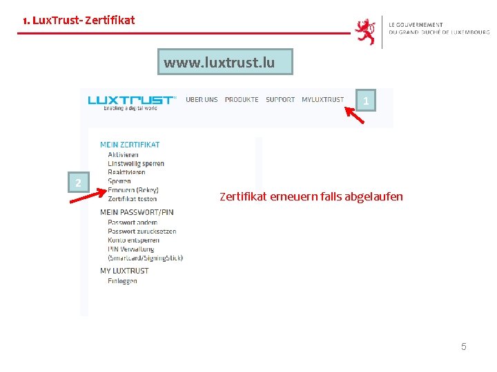 1. Lux. Trust- Zertifikat www. luxtrust. lu 1 2 Zertifikat erneuern falls abgelaufen 5