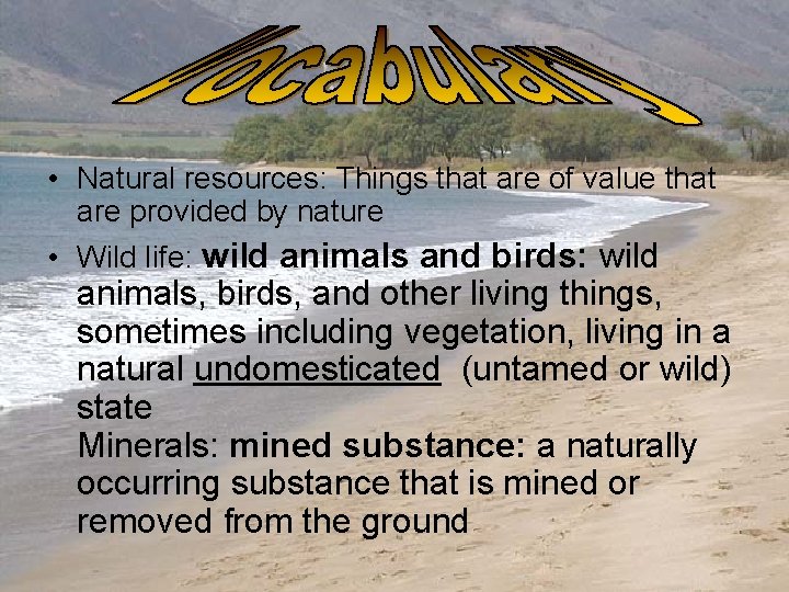  • Natural resources: Things that are of value that are provided by nature