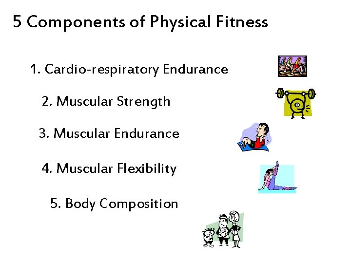 5 Components of Physical Fitness 1. Cardio-respiratory Endurance 2. Muscular Strength 3. Muscular Endurance