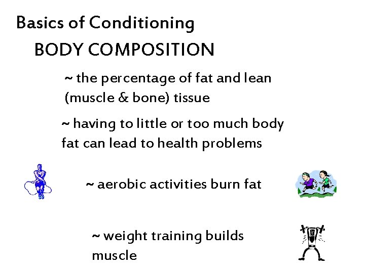 Basics of Conditioning BODY COMPOSITION ~ the percentage of fat and lean (muscle &