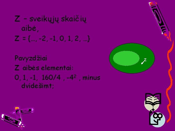 Z – sveikųjų skaičių aibė, Z = {…, -2, -1, 0, 1, 2, …}