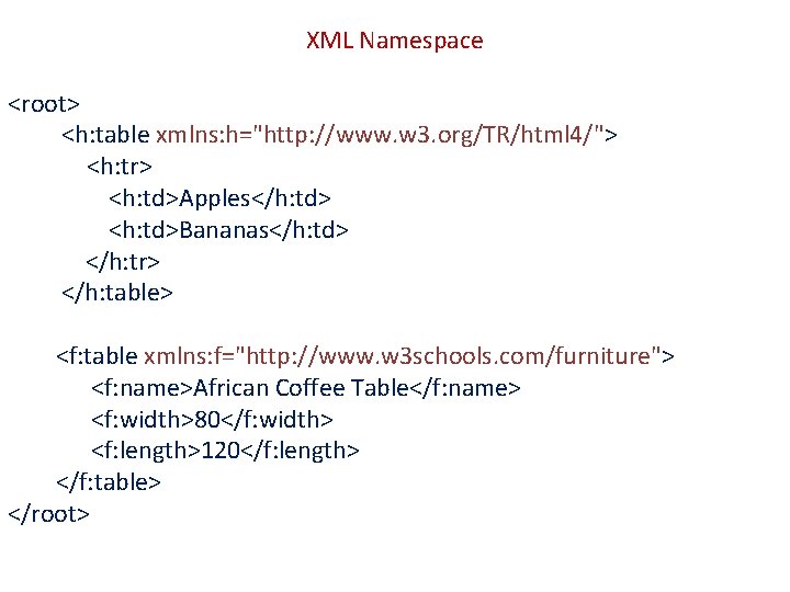 XML Namespace <root> <h: table xmlns: h="http: //www. w 3. org/TR/html 4/"> <h: tr>