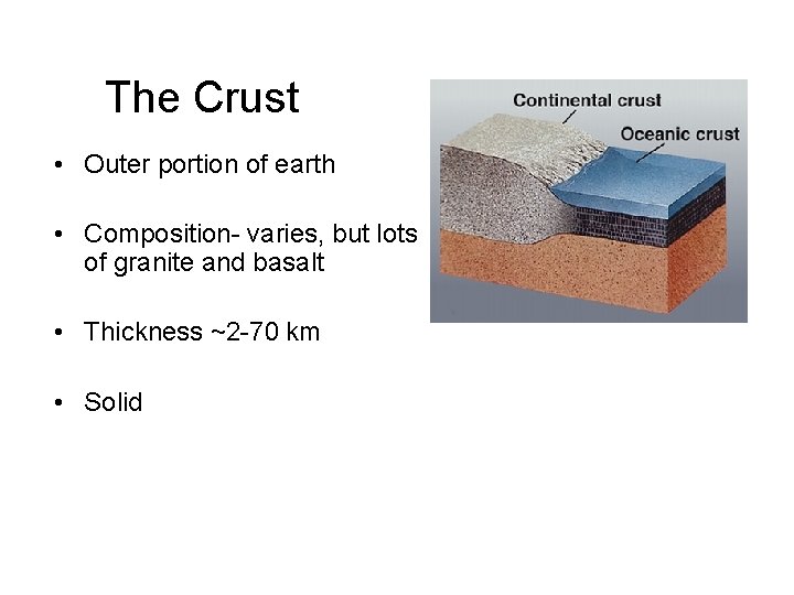 The Crust • Outer portion of earth • Composition- varies, but lots of granite