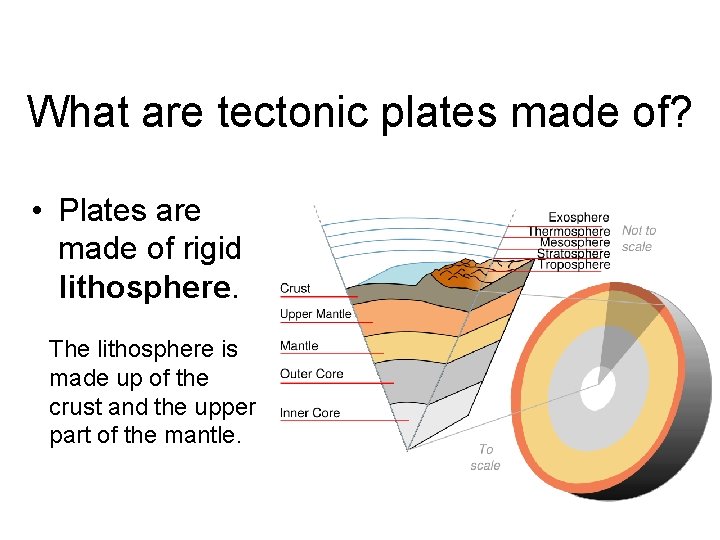 What are tectonic plates made of? • Plates are made of rigid lithosphere. The