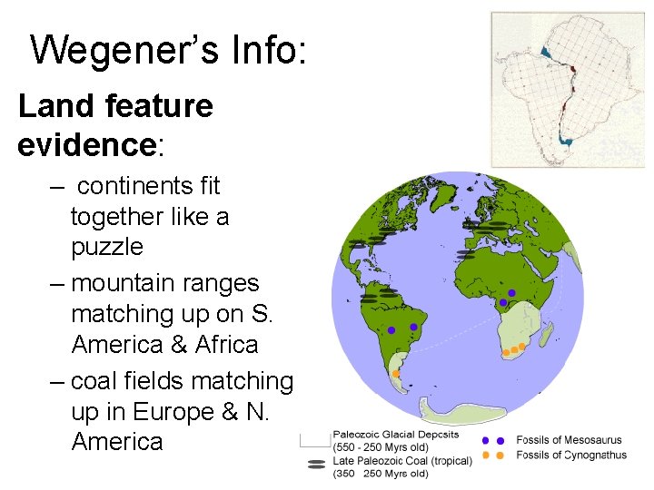 Wegener’s Info: Land feature evidence: – continents fit together like a puzzle – mountain