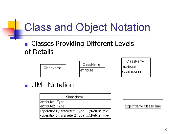 Class and Object Notation Classes Providing Different Levels of Details n n UML Notation