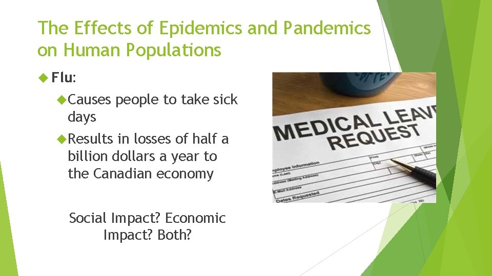 The Effects of Epidemics and Pandemics on Human Populations Flu: Causes people to take
