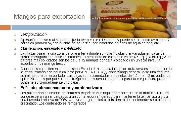Mangos para exportacion Temporización Operación que se realiza para bajar la temperatura de la