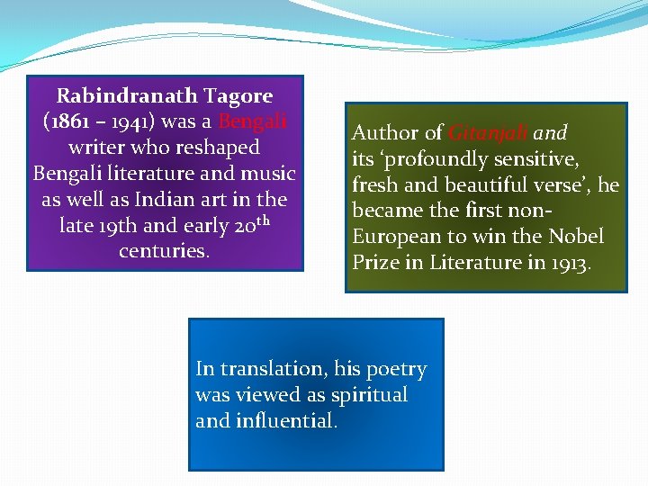 Rabindranath Tagore (1861 – 1941) was a Bengali writer who reshaped Bengali literature and