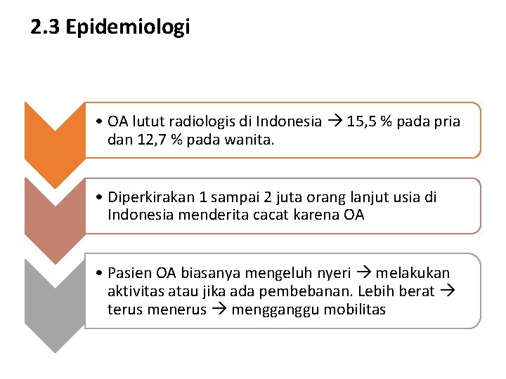 2. 3 Epidemiologi • OA lutut radiologis di Indonesia 15, 5 % pada pria