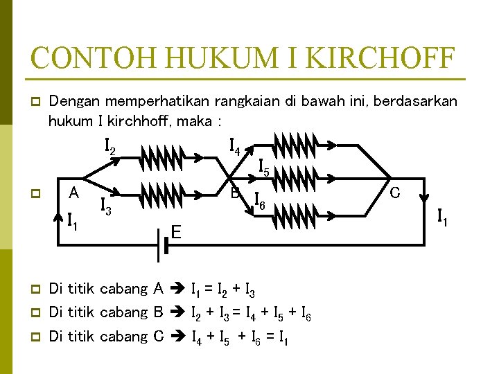 CONTOH HUKUM I KIRCHOFF p p Dengan memperhatikan rangkaian di bawah ini, berdasarkan hukum
