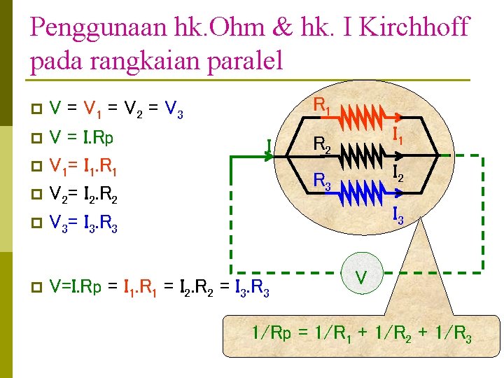 Penggunaan hk. Ohm & hk. I Kirchhoff pada rangkaian paralel V = V 1