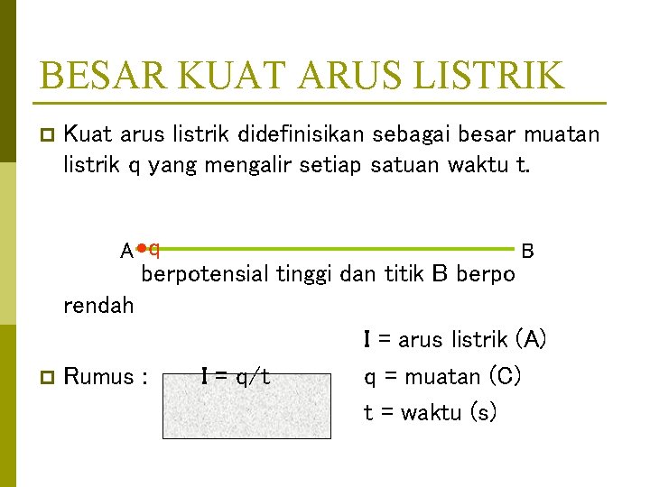 BESAR KUAT ARUS LISTRIK p Kuat arus listrik didefinisikan sebagai besar muatan listrik q