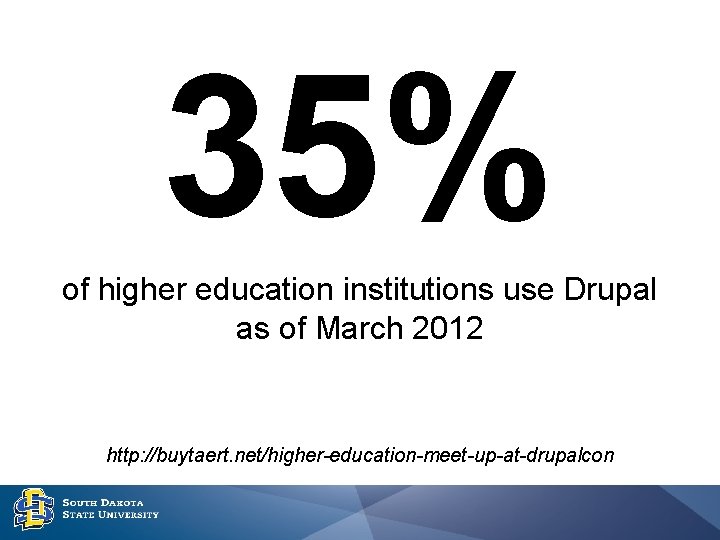 35% of higher education institutions use Drupal as of March 2012 http: //buytaert. net/higher-education-meet-up-at-drupalcon