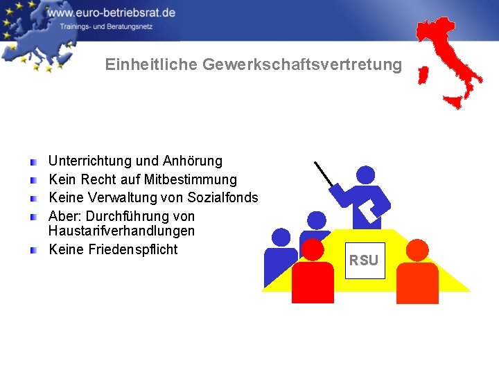 Einheitliche Gewerkschaftsvertretung Unterrichtung und Anhörung Kein Recht auf Mitbestimmung Keine Verwaltung von Sozialfonds Aber: