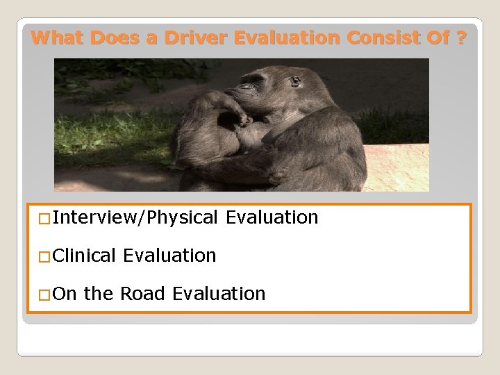 What Does a Driver Evaluation Consist Of ? �Interview/Physical �Clinical �On Evaluation the Road