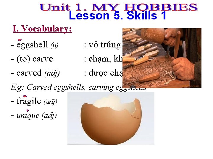 Lesson 5. Skills 1 I. Vocabulary: - eggshell (n) : vỏ trứng - (to)