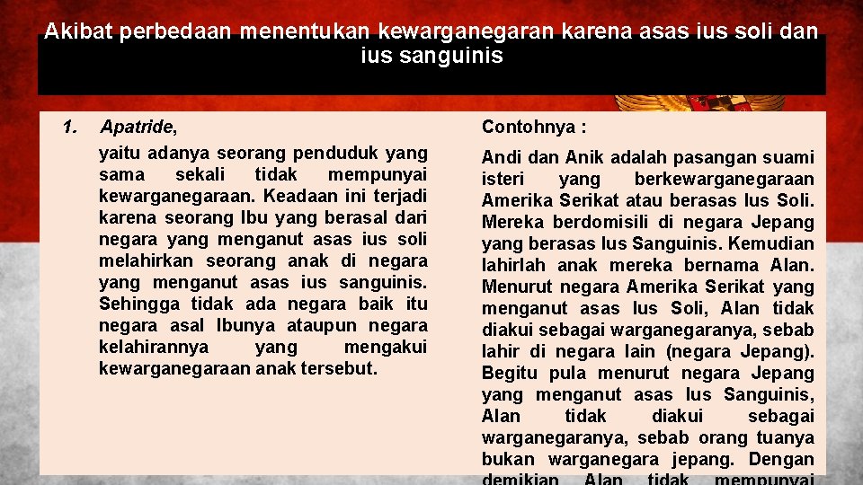 Akibat perbedaan menentukan kewarganegaran karena asas ius soli dan ius sanguinis 1. Apatride, yaitu