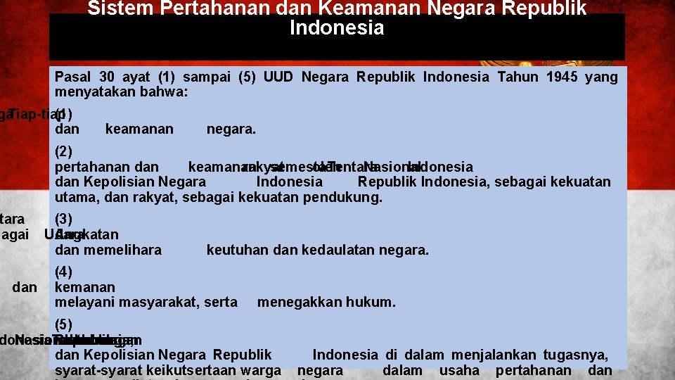 Sistem Pertahanan dan Keamanan Negara Republik Indonesia Pasal 30 ayat (1) sampai (5) UUD