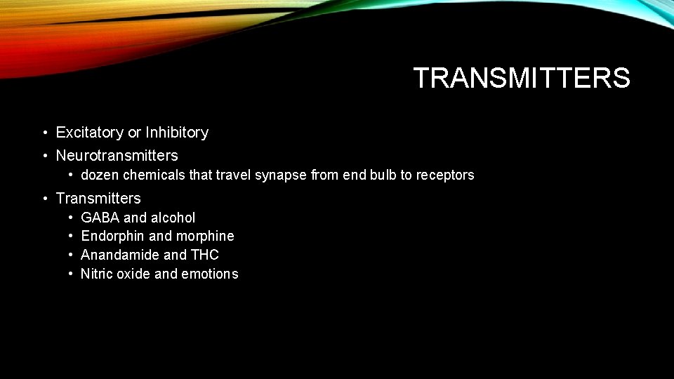 TRANSMITTERS • Excitatory or Inhibitory • Neurotransmitters • dozen chemicals that travel synapse from