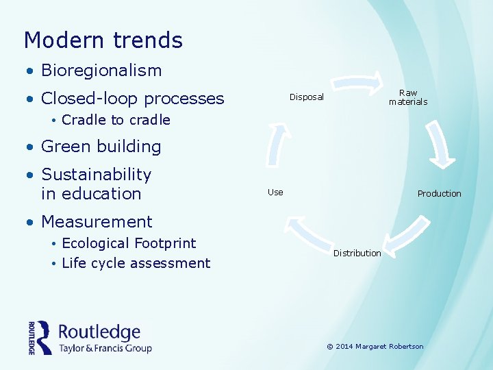 Modern trends • Bioregionalism • Closed-loop processes Raw materials Disposal • Cradle to cradle