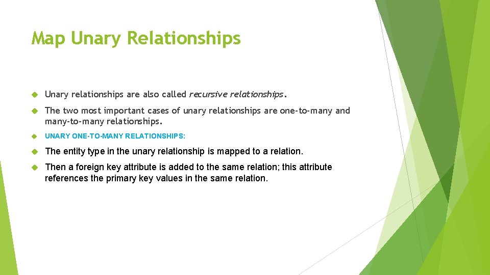 Map Unary Relationships Unary relationships are also called recursive relationships. The two most important