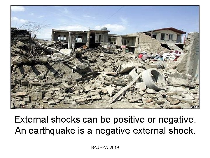External shocks can be positive or negative. An earthquake is a negative external shock.