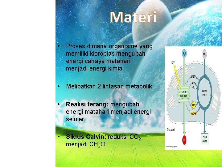 Materi • Proses dimana organisme yang memiliki kloroplas mengubah energi cahaya matahari menjadi energi